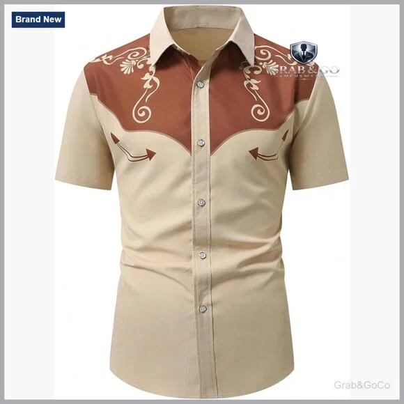 Men's Vintage Western Shirt Short Sleeve Button Down Graphic Print - Picture 1 of 5